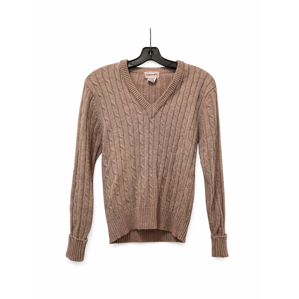 Vintage Mervyn's Cable Knit Sweater – Tan V-Neck Pullover, Size L (10–16)